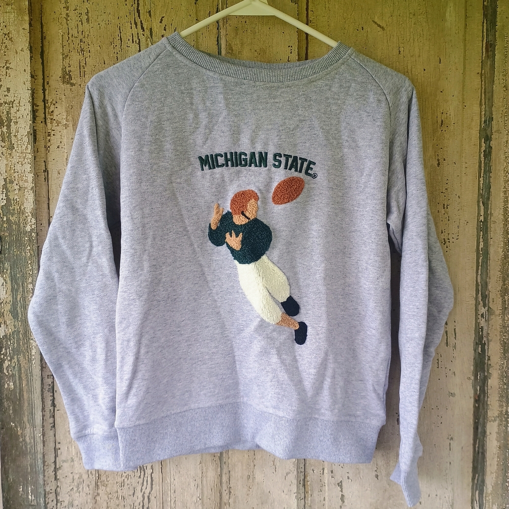 Michigan State Light Gray Crewneck Sweatshirt with Embroidered Football Design